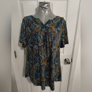 Blue and Brown Smocked Short Sleeve Blouse with Mandarin Collar